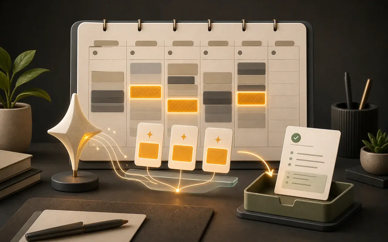 Illustration of calendar availability flowing into selected booking options and a handoff note.