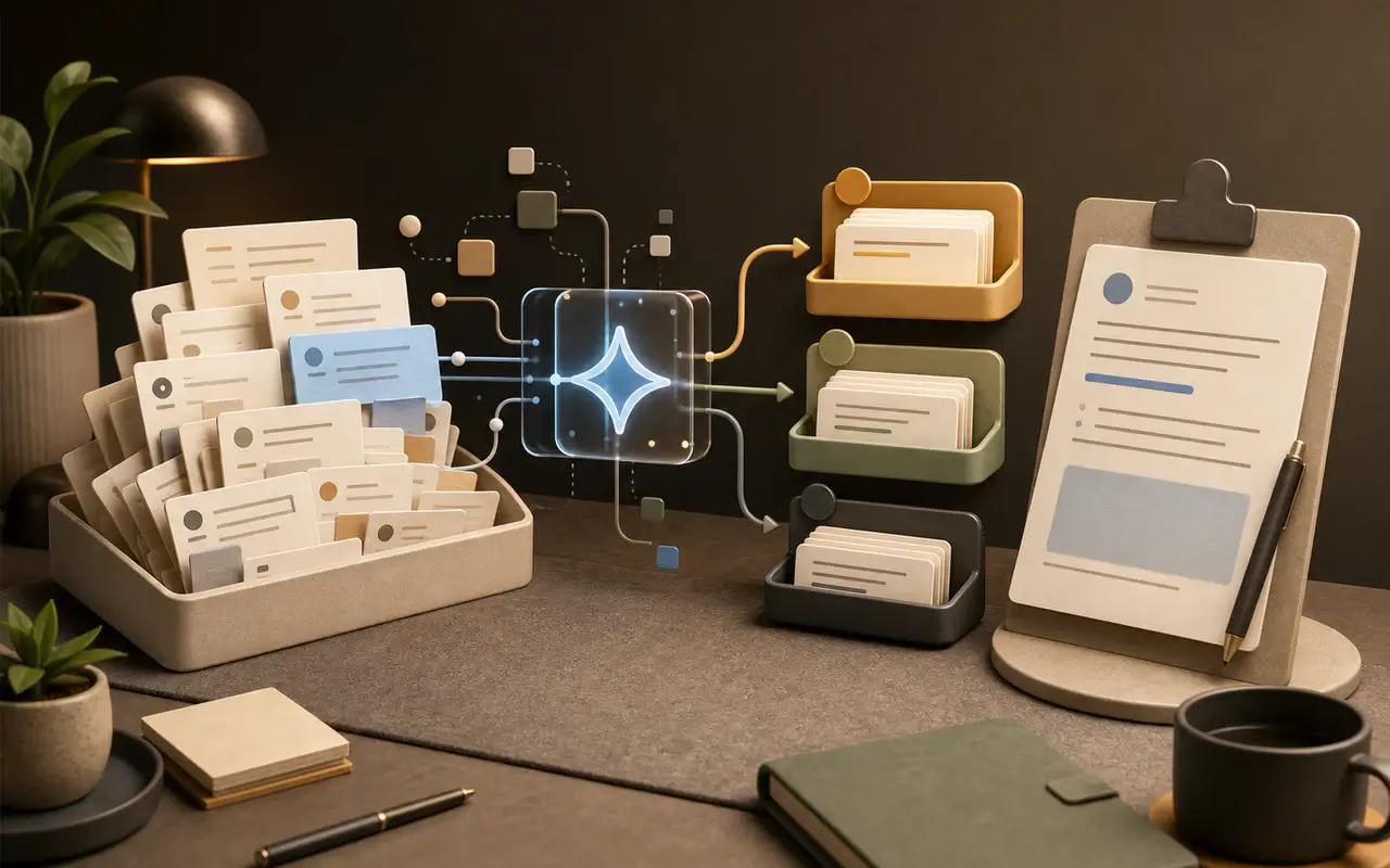 Illustration of a messy inbox being sorted into priority, summary, and draft reply trays.