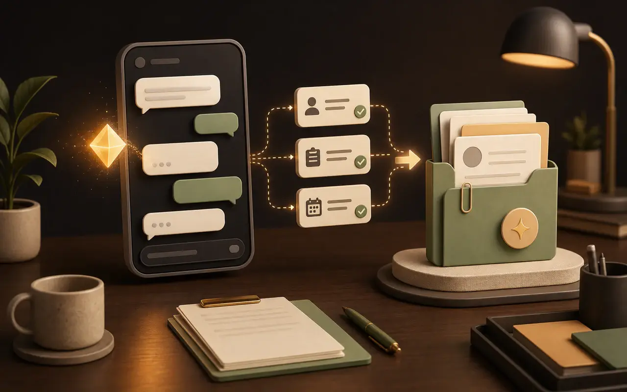 Illustration of chat bubbles becoming qualified lead cards and an owner handoff packet.